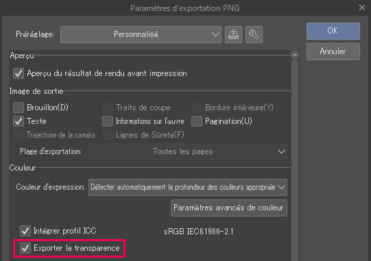 Exporter la transparence
