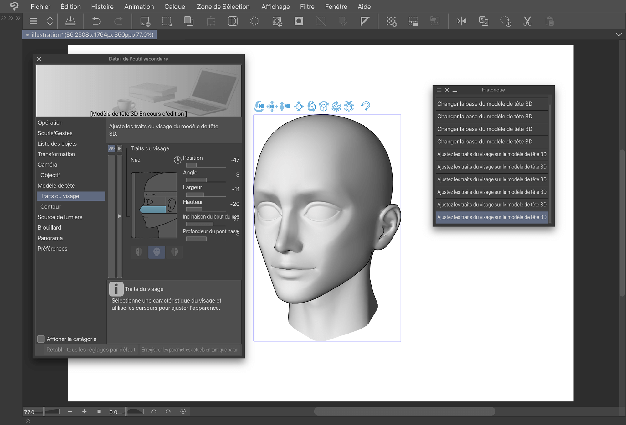 Chaque modification effectuée lors de la personnalisation du modèle de tête est conservée séparément.