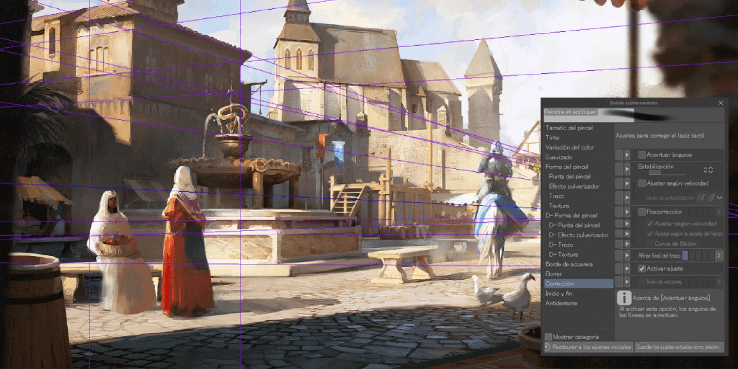 Concept art de una escena en un pueblo creado con reglas de perspectiva
