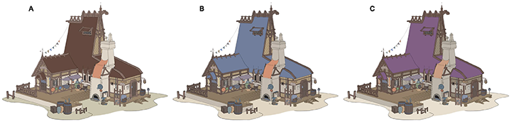 Final Concept Art: Building Design with Color Variations. Three variations of a building concept design with different color schemes.