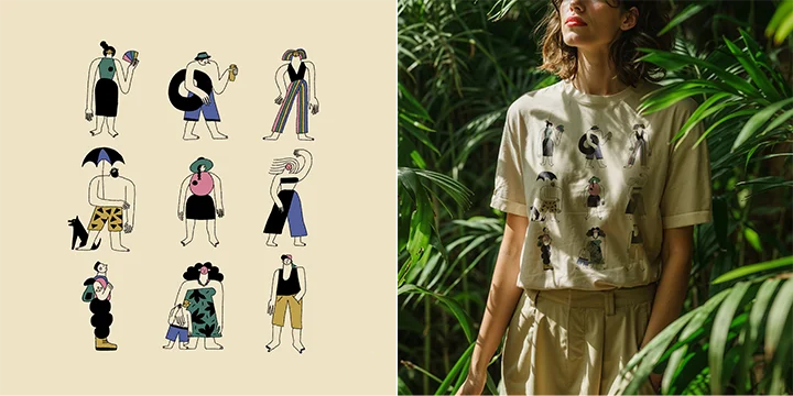 風格化的人物插圖和印刷在T恤上的設計