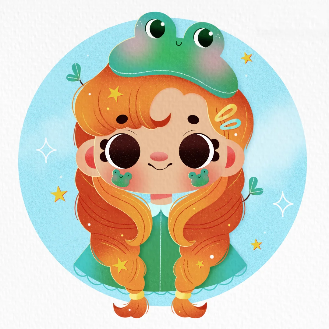 橘色頭髮、戴著綠色青蛙帽子、微笑的女孩插圖