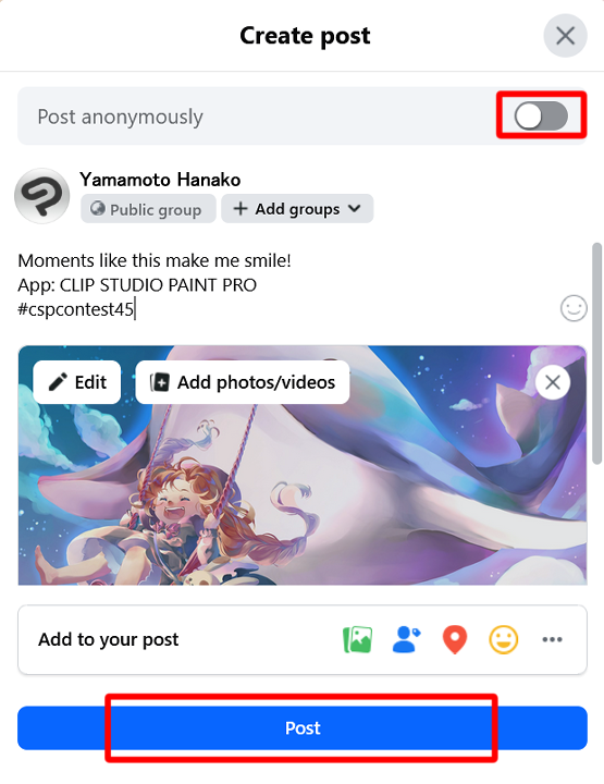 Example of Facebook entry