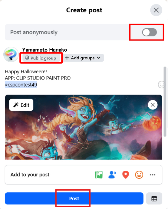 Example of Facebook entry