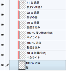 髪の毛の影用の新規ラスターレイヤーの作成例　合成モード：乗算