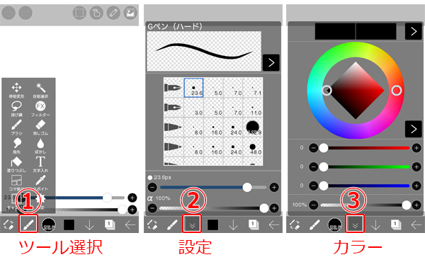 基本操作、ツール、設定、カラー画面