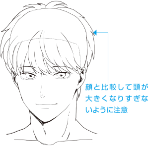 男性の顔　前側　髪の輪郭を描く　例