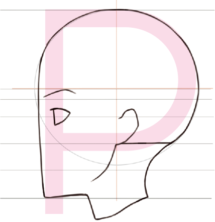 女性の横顔　正面の位置に合わせてパーツを描く　例
