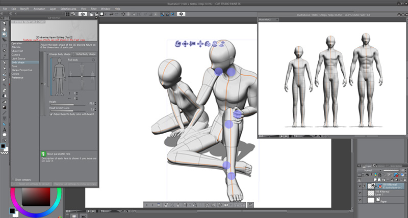 Clip Studio Paint offers 3D figure drawing models for both male and female body types. Customize the poses as a template for your drawing.