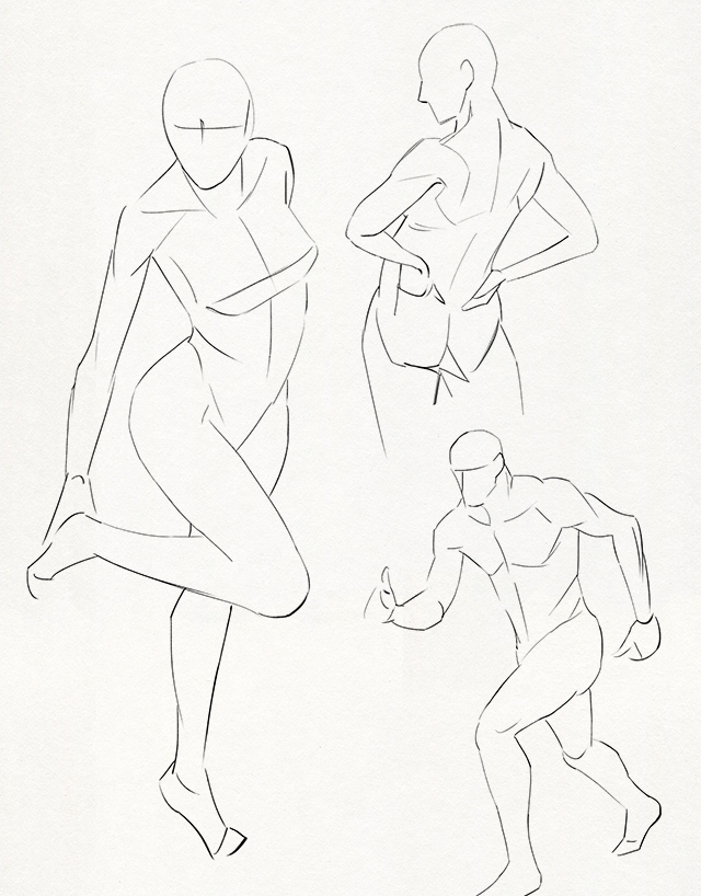 Male and female croquis drawing examples. Draw the outline of the human figure in various poses to learn basic body proportions.