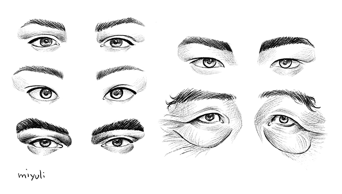 Different eye drawings of different eye shapes: Asian, caucasian, male, female, older, and younger