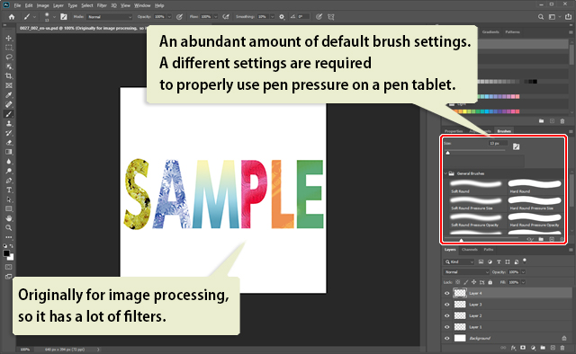 Screen of Photoshop CC showing different pen, brush, and filter options