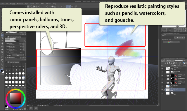 Showing Clip Studio Paint's interface and a rundown of the comic tools and brushes available