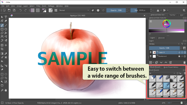 A display of Krita's interface showing the brushes available