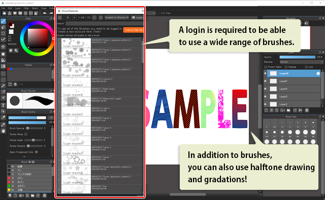 Medibang's additional brush library view