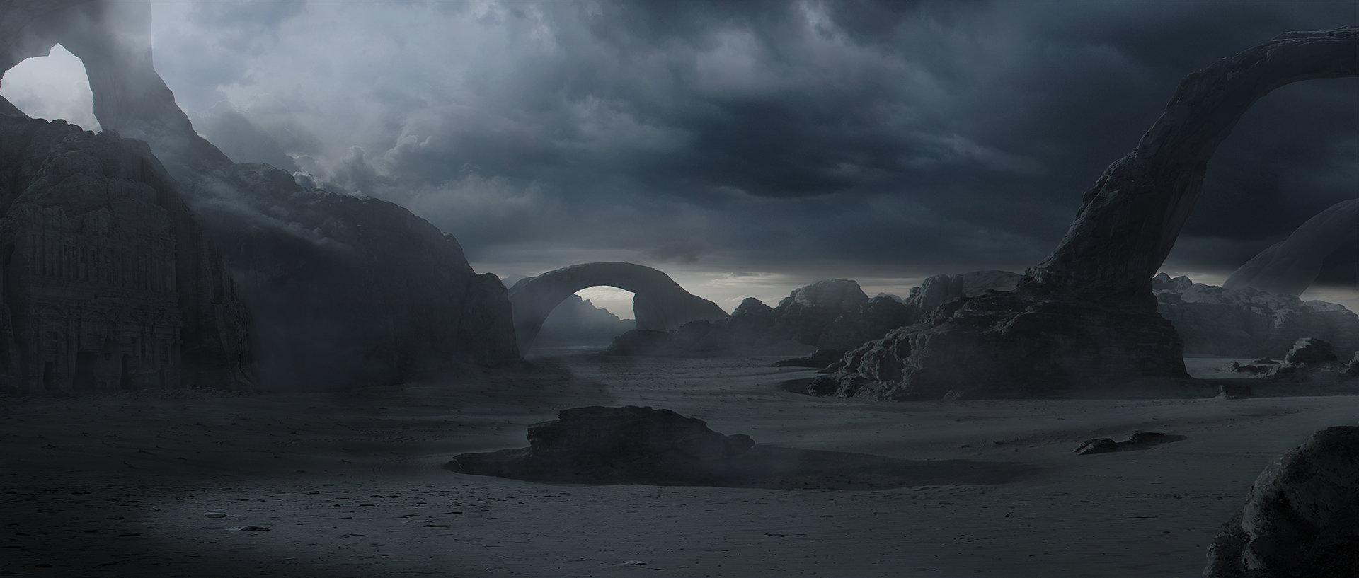 Background matte painting as a set extension for a more immersive fantasy world.