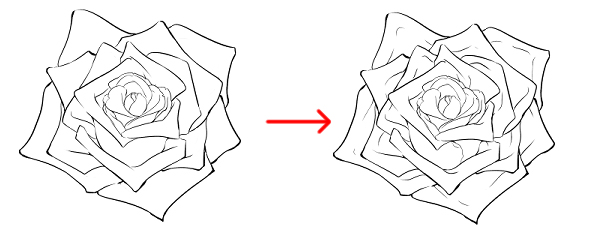 バラの描き方　バラの線画　線画の仕上げ　高低差を表す線を入れる