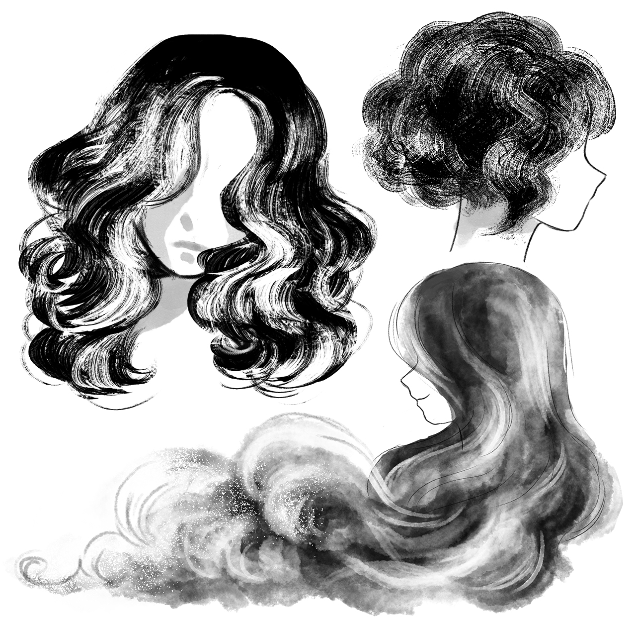 Drawing wavy hair reference with different textures