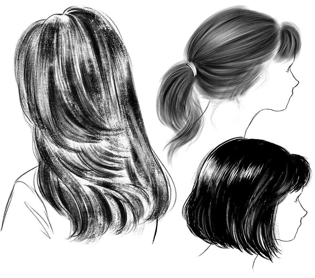 Drawing straight hair reference with different textures