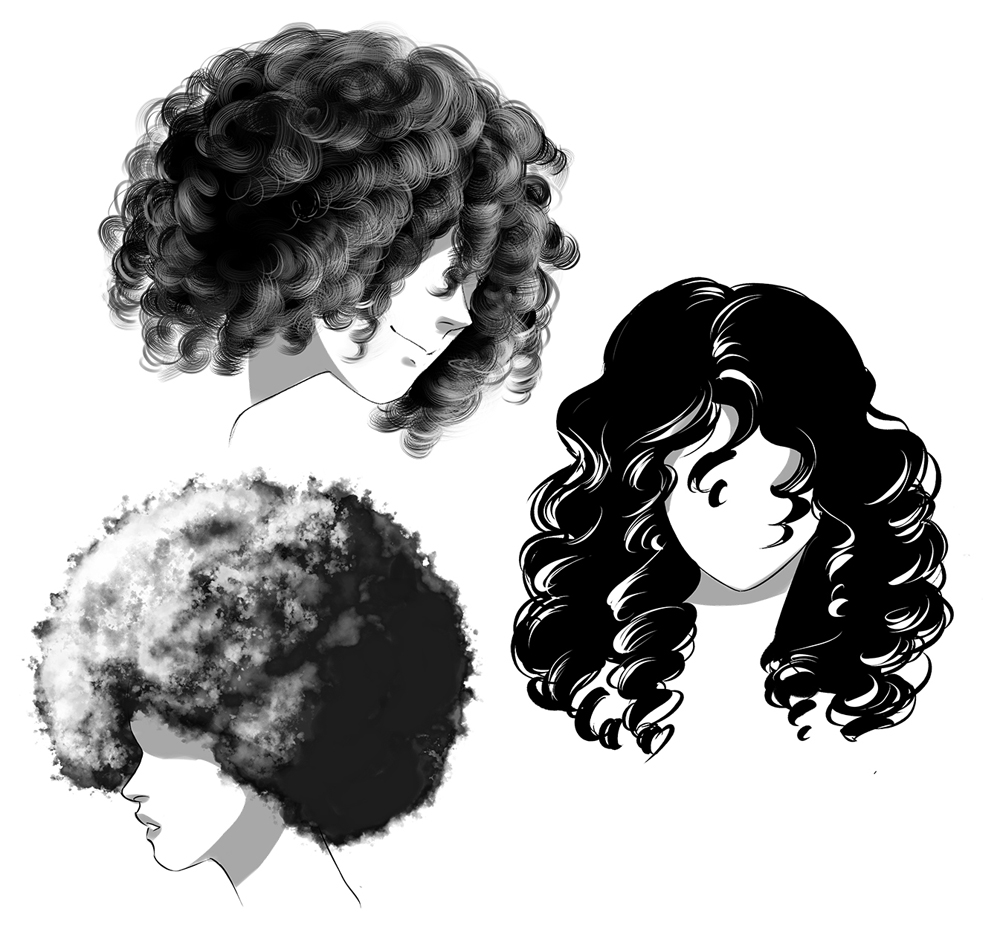 Drawing curly hair reference with different textures