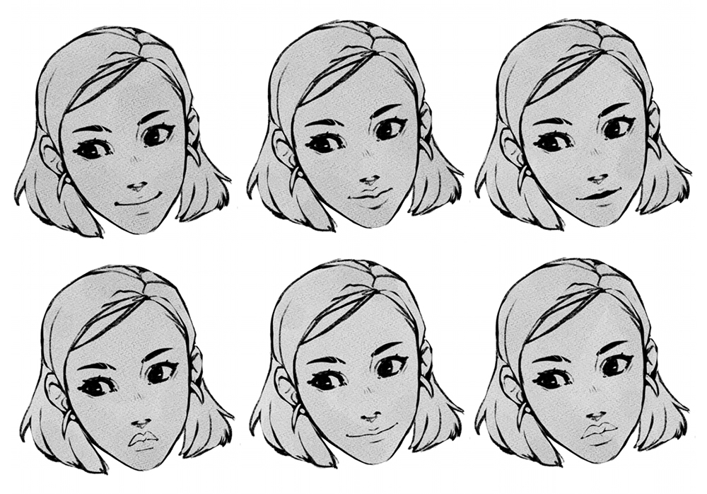 Different mouth drawing styles on a female character