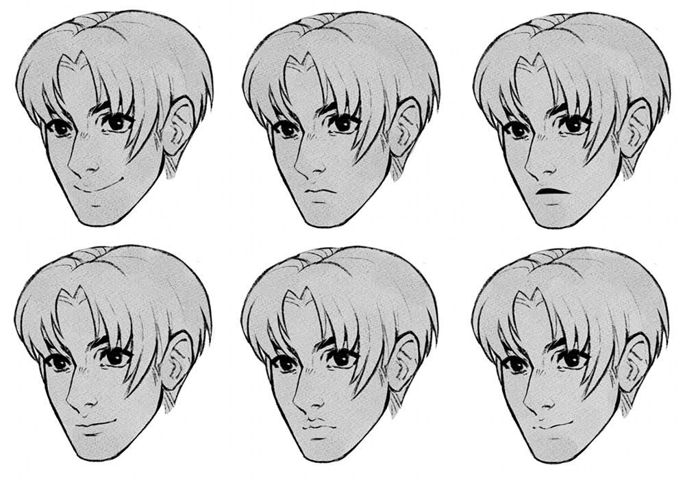 Different mouth drawing styles on a male character