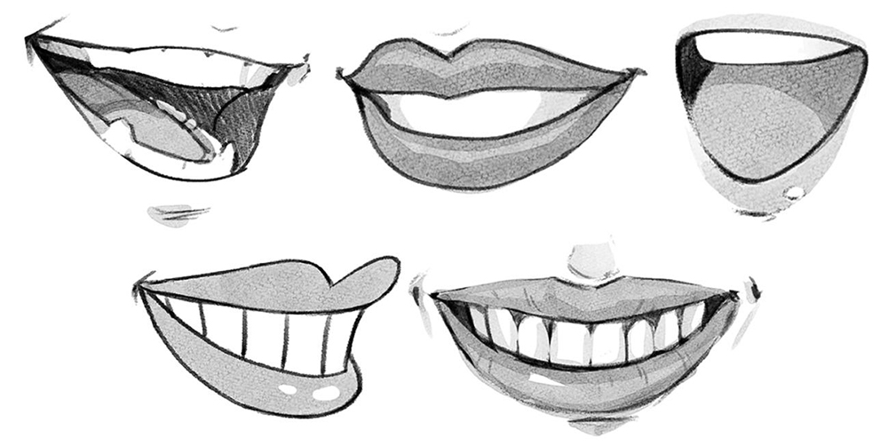 Different ways to draw a mouth: anime, realistic, cartoon, Disney, and my own style.