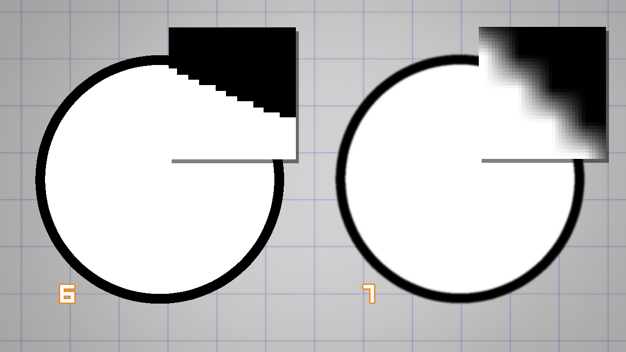 Examples of the pixels up close with aliased and anti-aliased edges