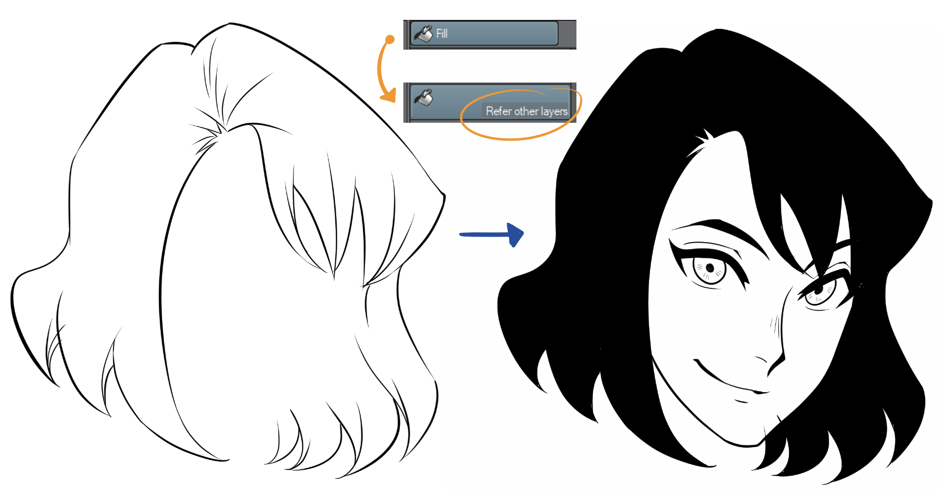 Refer other layers of the Fill tool to take into account the other visible layers in your drawing in Clip Studio Paint.