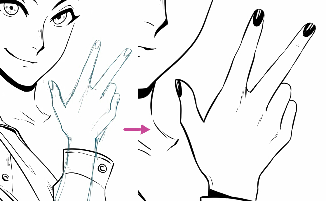 A new line art of the hand after sketching out a new hand shape.