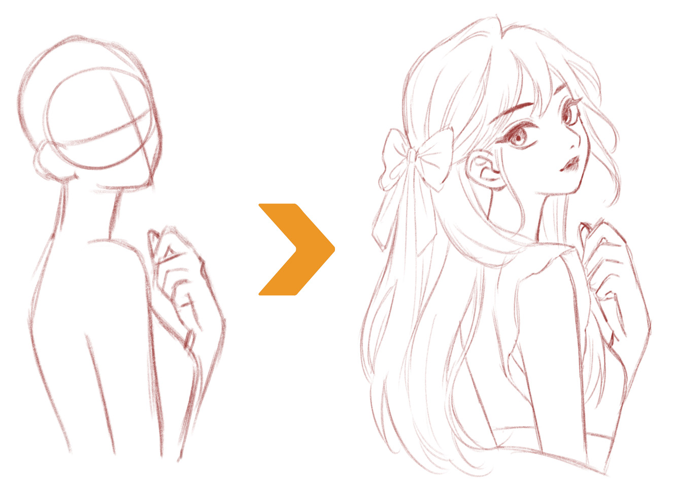 sketch girl simple drawing looking over shoulder