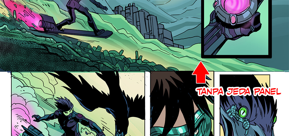 Apakah cerita visual Anda lebih baik dengan gutter lebar, sempit, atau tanpa gutter? Cobalah bereksperimen dengan tata letak halaman komik untuk mendapatkan efek terbaik.