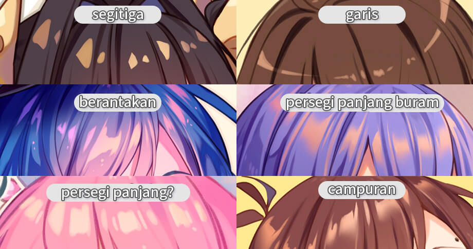 Buatlah highlight rambut anime menggunakan berbagai bentuk, garis, dan warna. Cobalah berbagai kuas dan lihat efek mana yang paling Anda sukai!