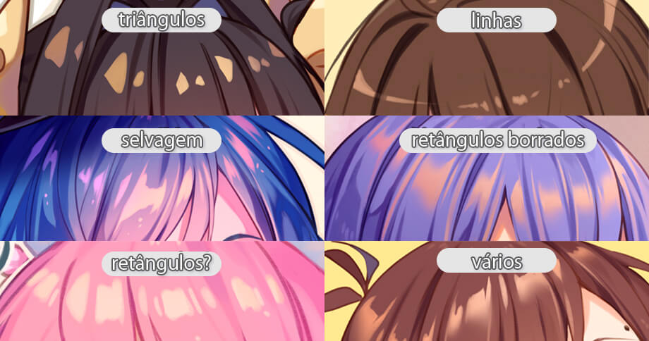 Crie destaques de cabelos de anime com várias formas, linhas e cores. Experimente diferentes pincéis e veja de qual efeito você gosta mais!