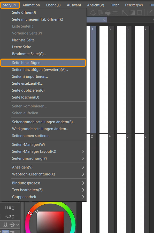 Benutzeroberfläche von CLIP STUDIO PAINT: Seite zu Webtoon hinzufügen