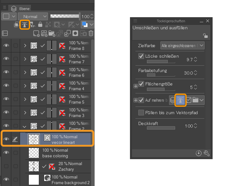 Benutzeroberfläche von CLIP STUDIO PAINT für Ebeneneinstellungen