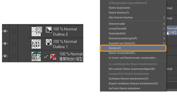 Benutzeroberläche in clip studio paint für rastern