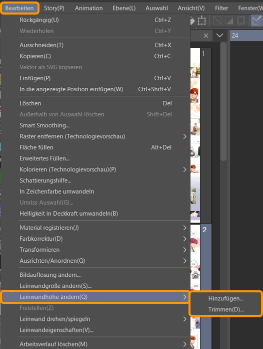 Benutzeroberläche in clip studio paint zum ändern der leinwandhöhe