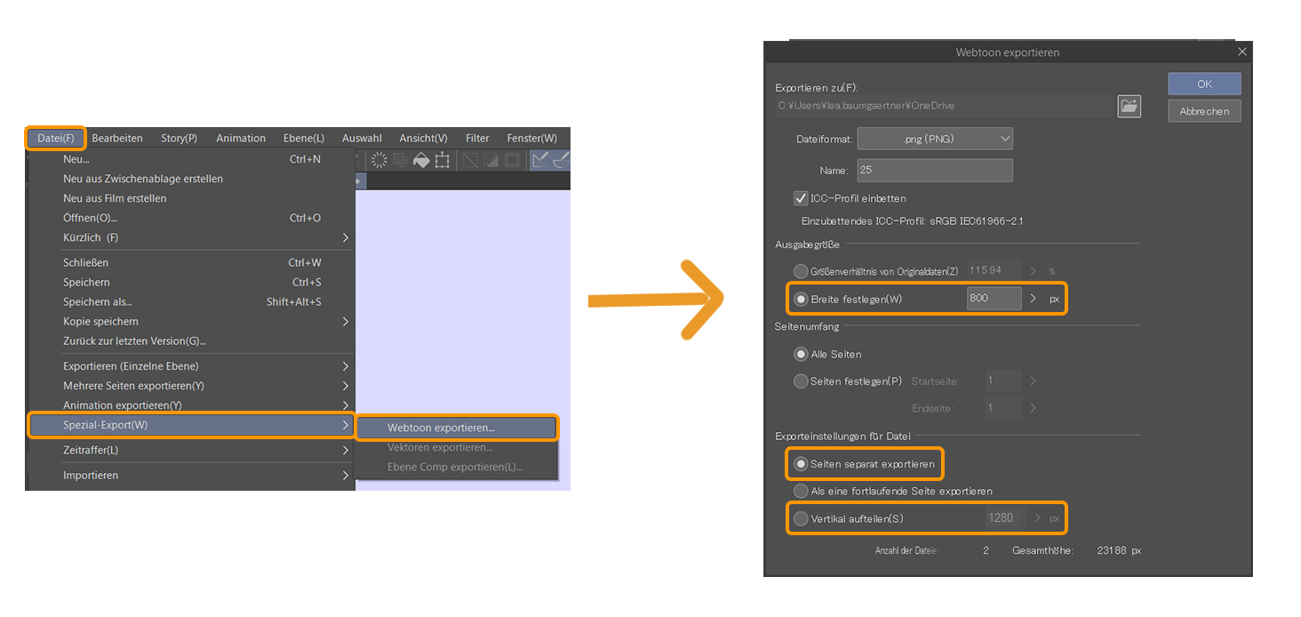 Benutzeroberläche in clip studio paint zum exportieren