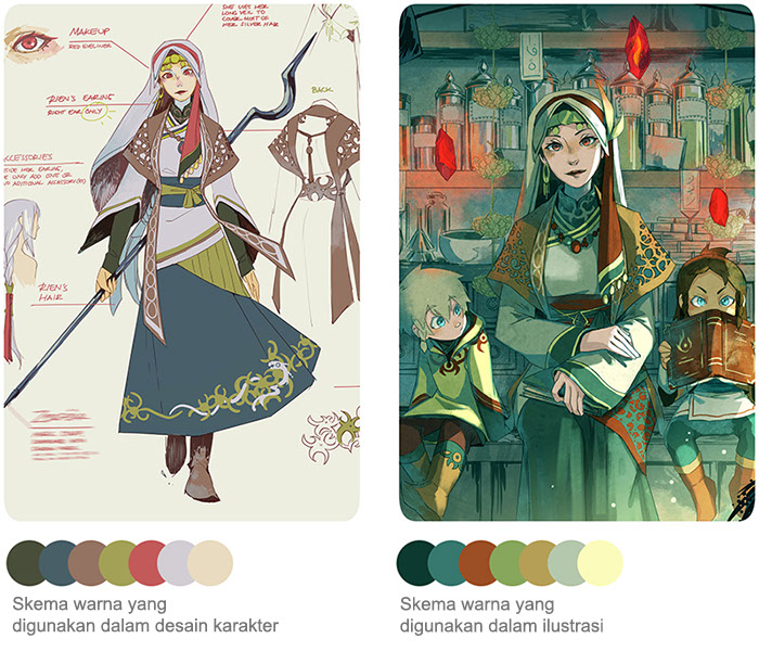 Contoh skema warna dalam desain karakter, yang menampilkan warna dalam pencahayaan netral versus dalam ilustrasi, yang dipengaruhi oleh cahaya ambient. Baca terus untuk menemukan cara menemukan warna komplementer.