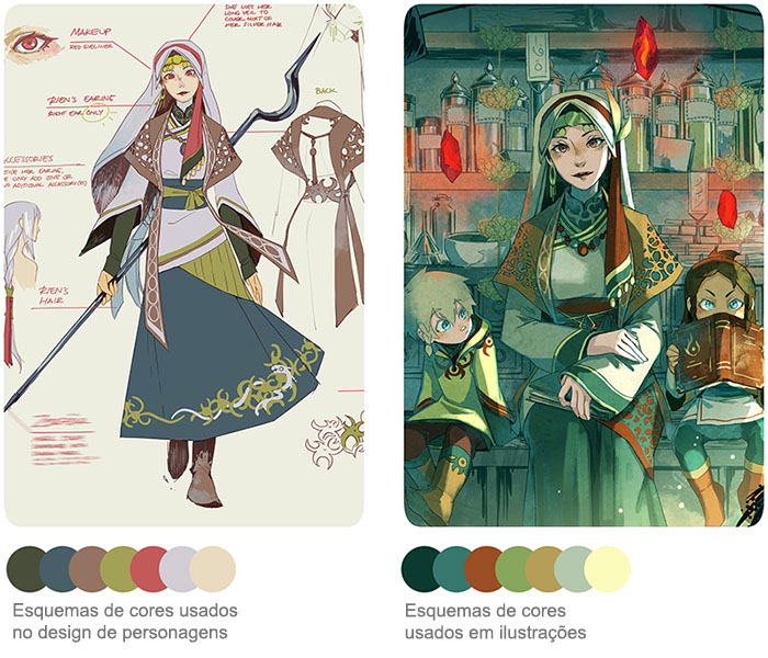Exemplos de esquemas de cores usados no design de um personagem, que exibem as cores sob uma luz neutra, em contraste com ilustrações, em que as cores são afetadas pela luz ambiente. Continue lendo para descobrir como encontrar cores complementares.