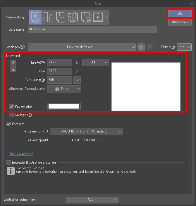 So legt man eine Illustrationsseite in Clip Studio Paint an.