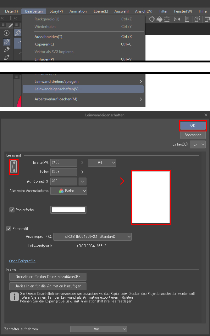 So passt man die Leinwandeigenschaften in Clip Studio Paint an.