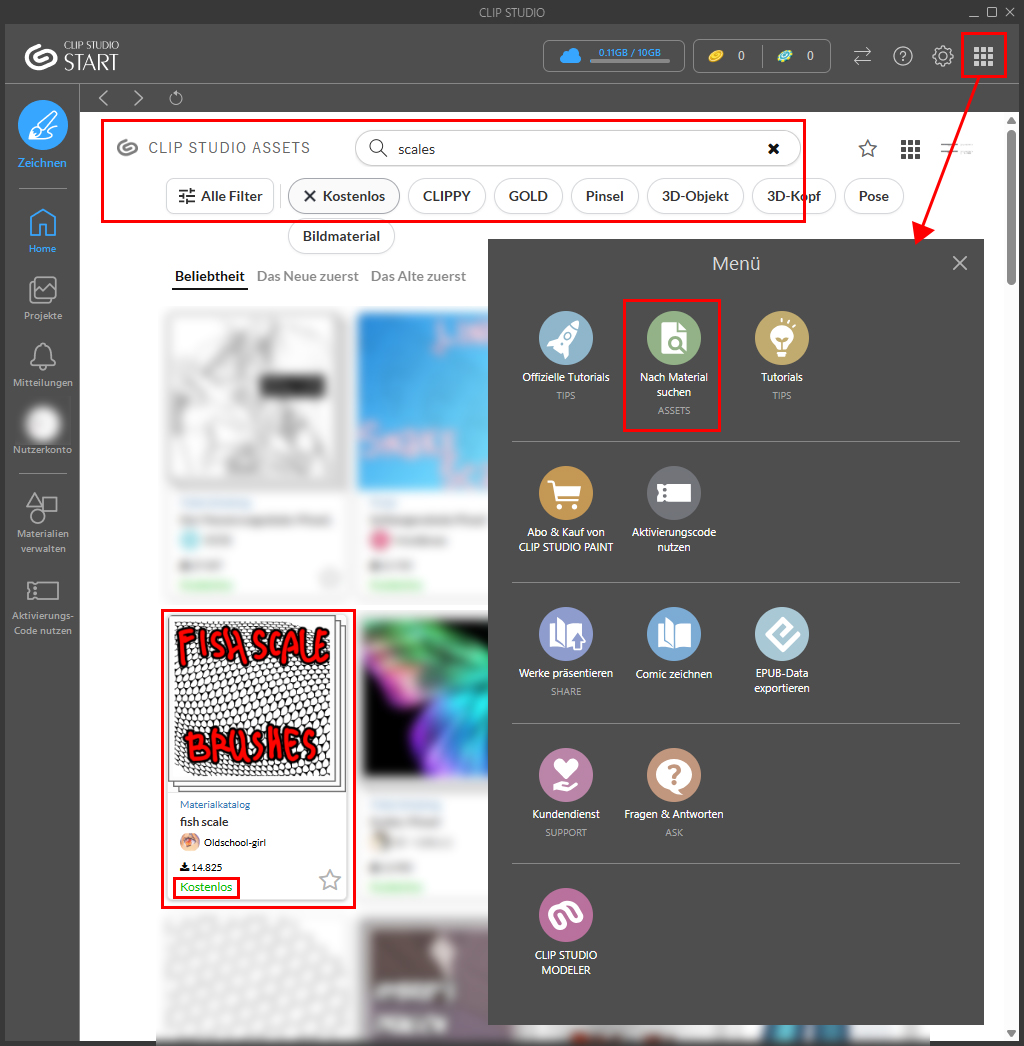 Auch auf Clip Studio Start kannst du nach Materialien suchen.