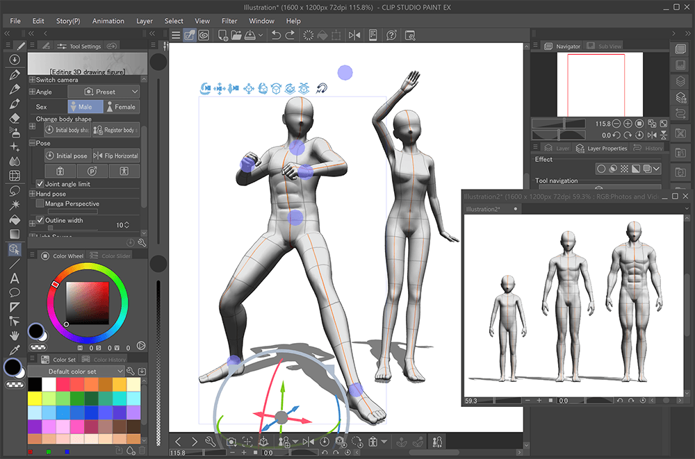 O Clip Studio Paint oferece modelos de figuras 3D tanto para corpos masculinos quanto femininos. Personalize as poses para servir de modelo para seu desenho.