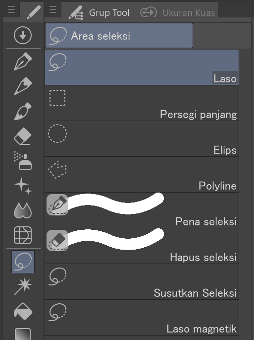 Screen shot dari tool Laso di Clip Studio Paint.