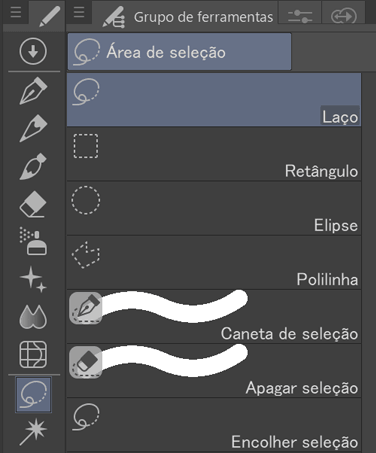 Captura de tela da ferramenta de Laço no Clip Studio Paint.