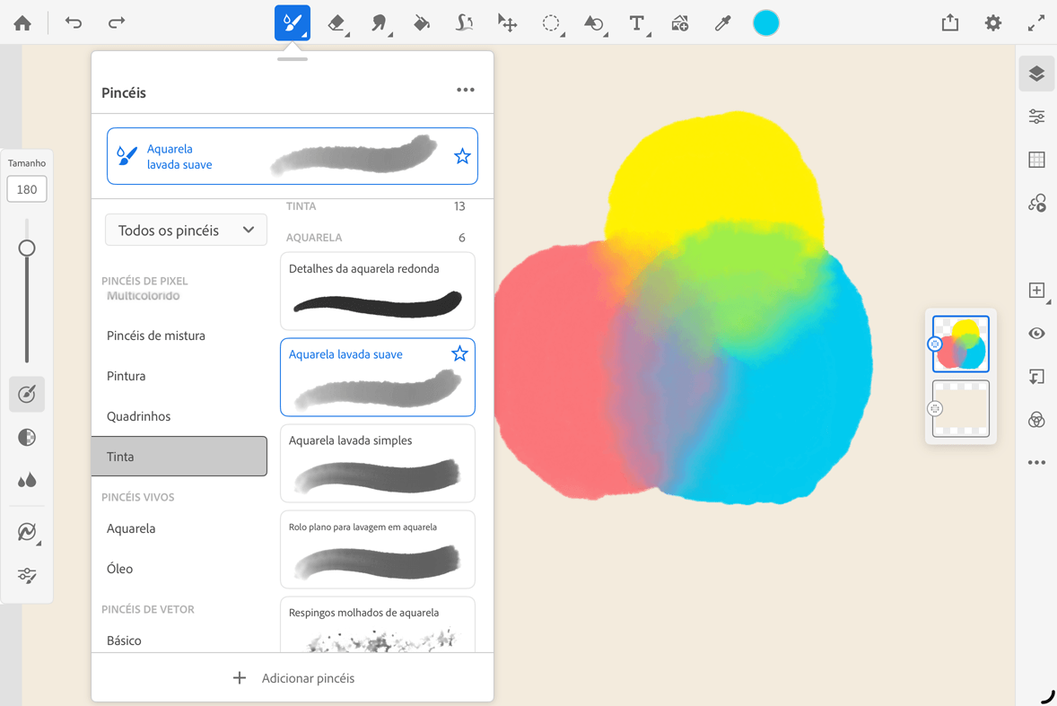 O Adobe Fresco também possui pincéis vivos que permitem uma mesclagem de cores realista, também conhecida como mistura de cores perceptiva.