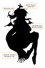 실루엣 분석을 통한 캐릭터 인식도 및 설득력 향상 예시 캐릭터 디자인에서 실루엣의 중요성을 설명하는 분석 일러스트. 검은색 실루엣 이미지 위에 특징적인 헤어스타일, 날개 요소, 목도리 등 형태적 특징을 분석한 한국어 설명 텍스트가 삽입된 모습
