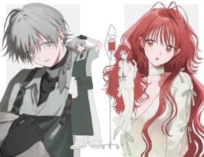 실전 캐릭터 시트 제작 프로세스 (채색 및 마무리 진행 단계) 캐릭터 시트 완성 전, 컬러 배색과 기본 채색을 진행 중인 제작 과정 일러스트. 왼쪽은 가위를 든 은발 소년, 오른쪽은 링거를 둔 붉은 머리 소녀 캐릭터의 상반신 및 전신 채색 도중의 모습